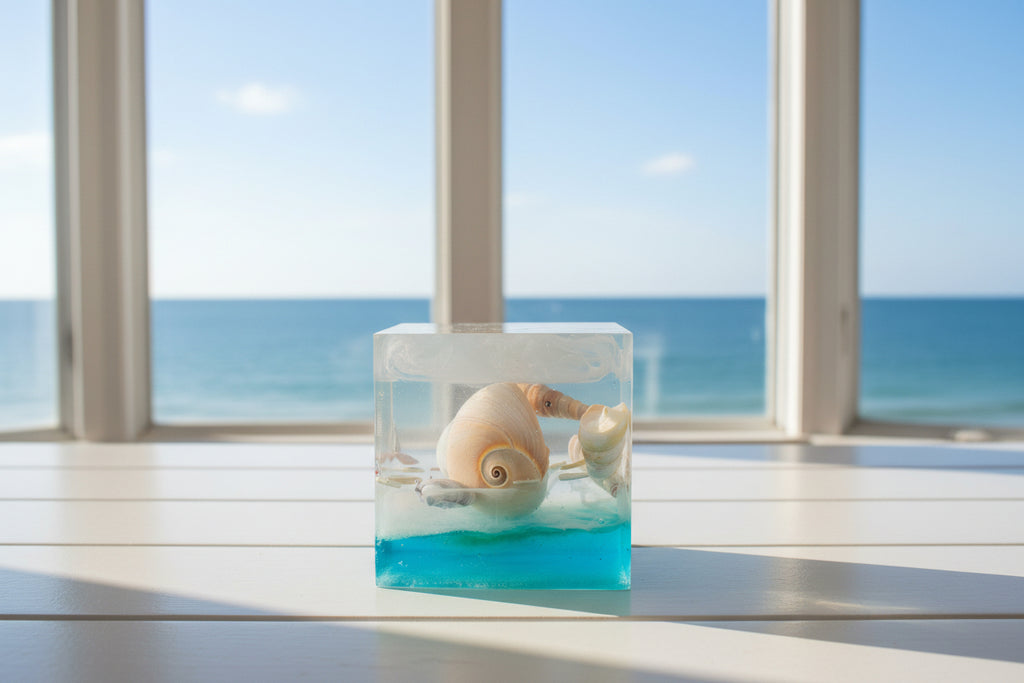 Decorative item with a shell and clear liquid in a blue container on a light-colored wall.