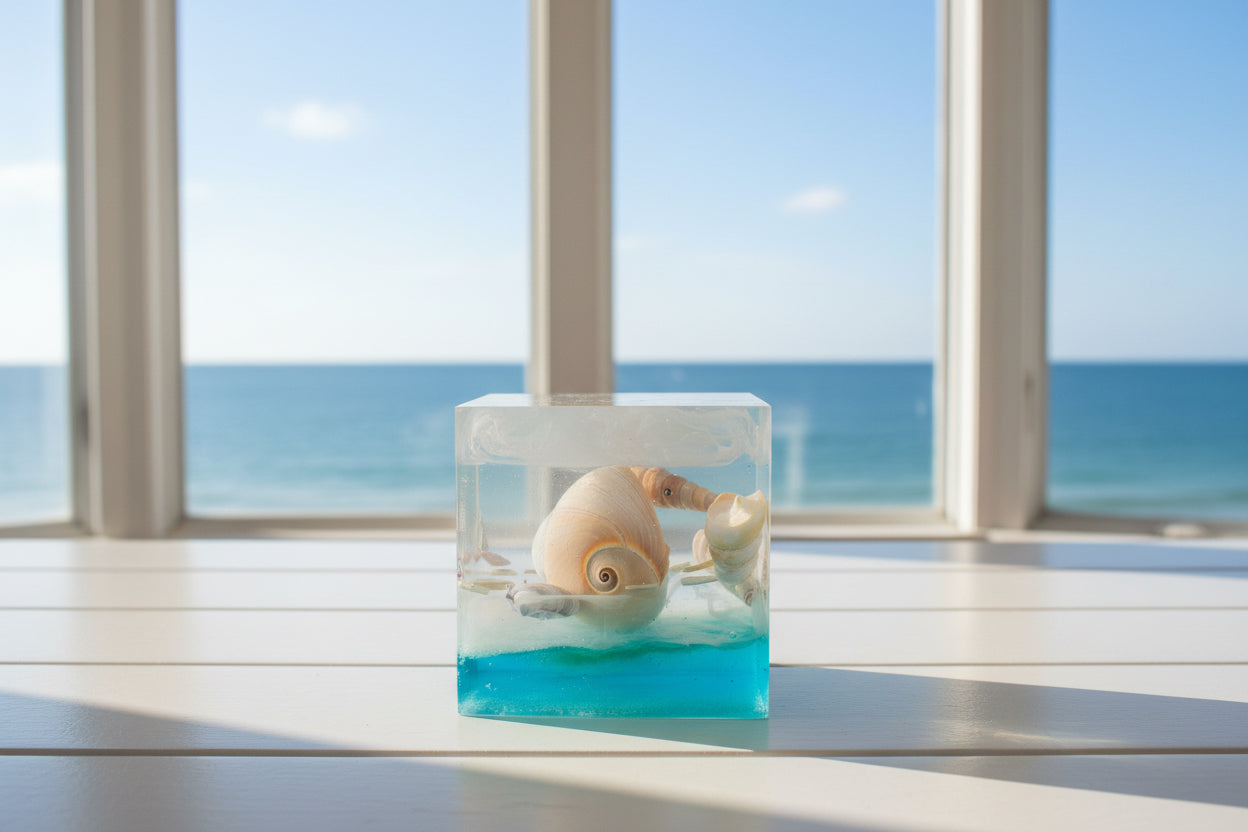 Decorative item with a shell and clear liquid in a blue container on a light-colored wall.