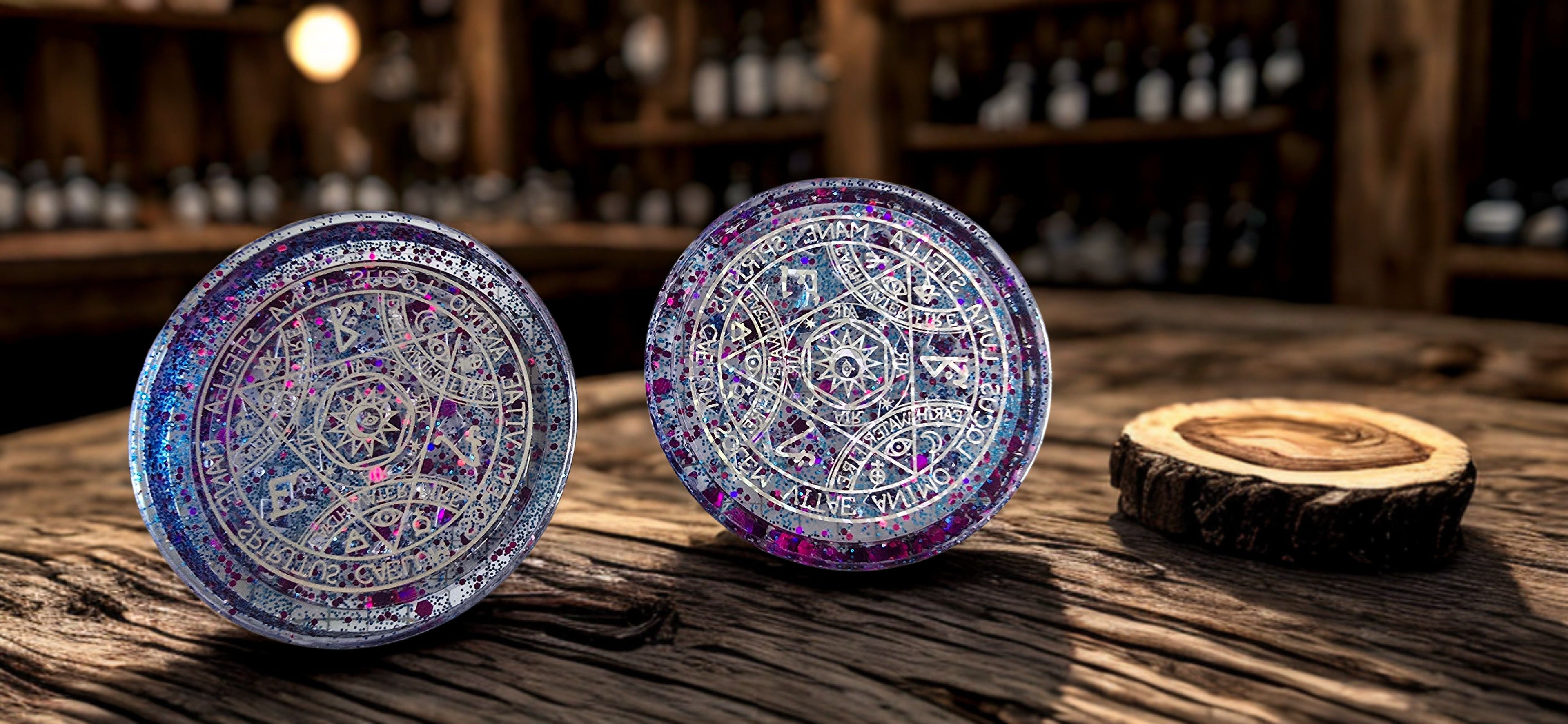 Two decorative resin grinders on a wooden surface with a blurred background of shelves.