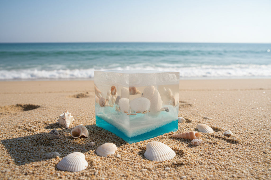 Clear cube with small animals on a blue surface