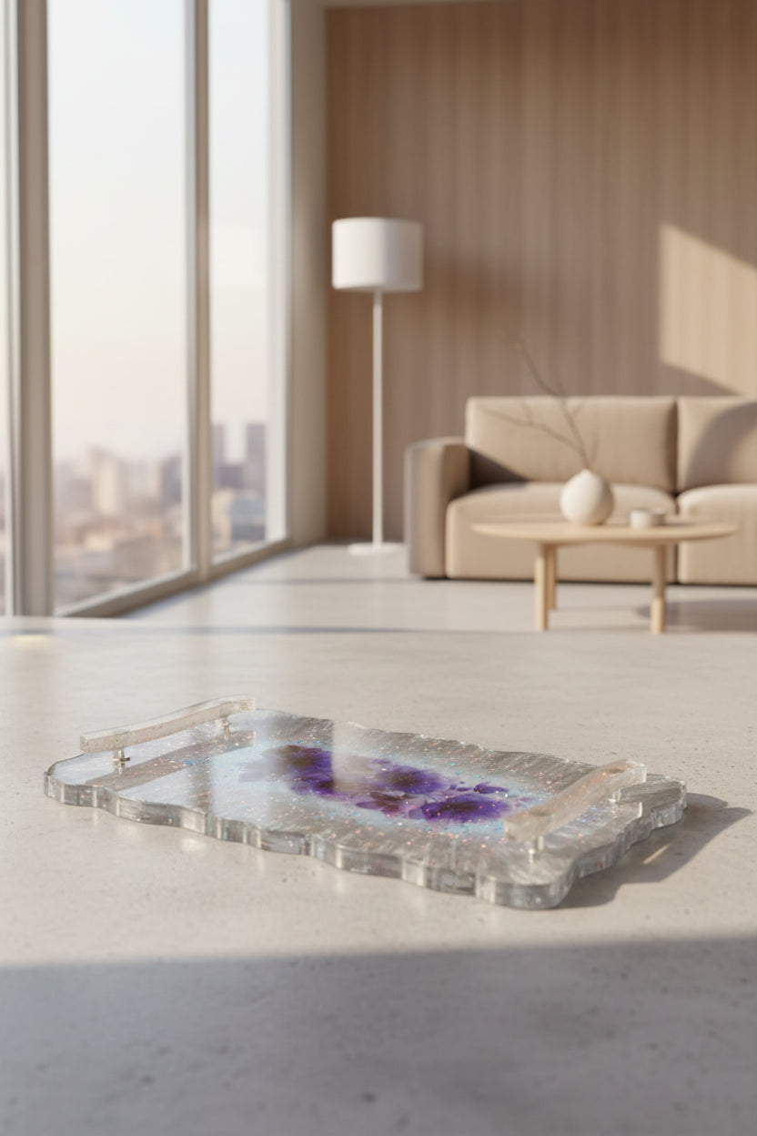 Sliver and glitter blue flower serving tray 